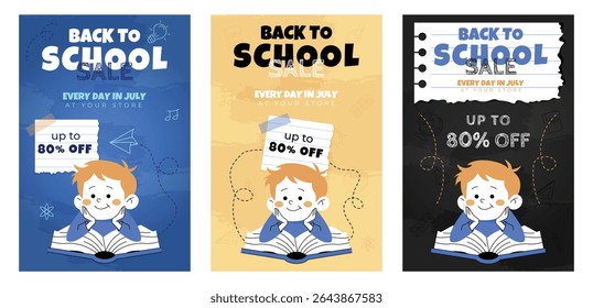 A set of Back to school sale poster with yellow background,  cute cartoon student, open book, and 80% discount. Promotion template for stores, education, kids, and learning-themed marketing.