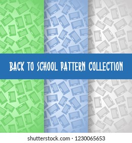 set back to school seamless pattern with announcement wall paper in silhouette style. flat vector on colorful background. Template for texture textile fabric design, wrapping paper, web page wallpaper