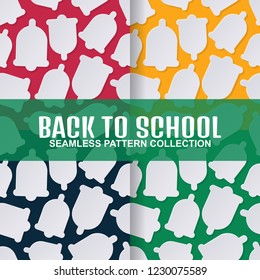 set back to school seamless pattern with fall class bell in paper cut art style. vector texture illustration on colorful background. template for textile fabric design, wrapping, web page wallpaper