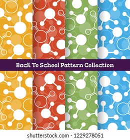 set back to school seamless patterns and label with atom in white silhouette style design. flat vector objects on colorful background template collection. symbols and elements texture illustration
