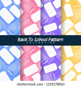 set back to school seamless patterns and label with paper note in white silhouette style design. flat vector objects on colorful background template collection. symbol and element texture illustration