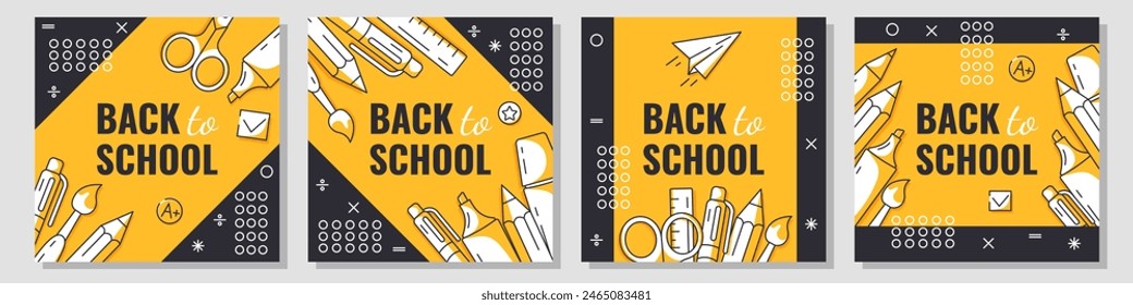 Set of back to school square poster, vector minimalist design with school supplies, stationery, geometric shapes. Education, learning, knowledge concept. For social media, banner, flyer, advertising