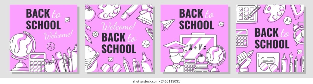 Conjunto de póster cuadrado de regreso a la escuela, diseño minimalista de Vector con útiles escolares, papelería, iconos de línea. Educación, aprendizaje, concepto de conocimiento. Para redes sociales, Anuncio, flyer, publicidad