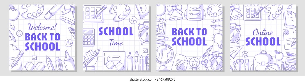 Set of back to school square poster, checkered background. Vector minimalist design with school supplies, stationery. Education, learning, knowledge concept. For social media, banner, flyer, post