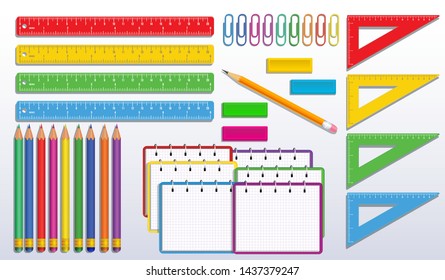 Set of back to school supplies with realistic colorful spiral notebook or notepad, color pencils, triangle measure ruler, paper clips and rubber erasers, school equipment. Stationery office supply