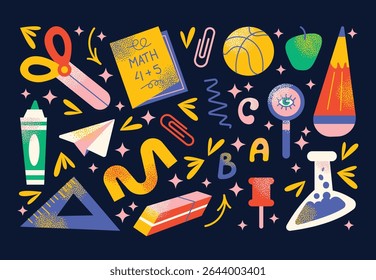 Set back to school supplies tools scissors, pencil, eraser, paper plane, magnifying glass, math notebook, basketball, apple. Flat vector illustration. Education and learning concept