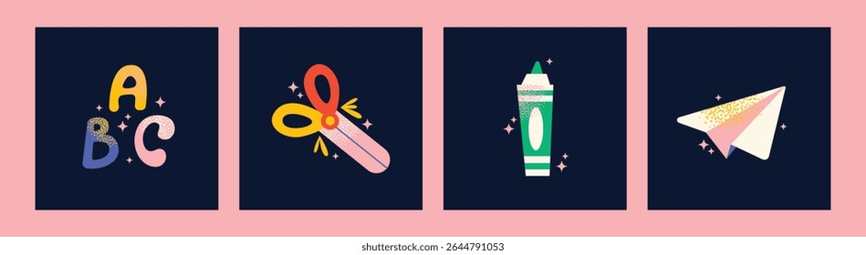 Set back to school supplies tools scissors, pencil, eraser, paper plane, magnifying glass, math notebook, basketball, apple. Flat vector illustration. Education and learning concept