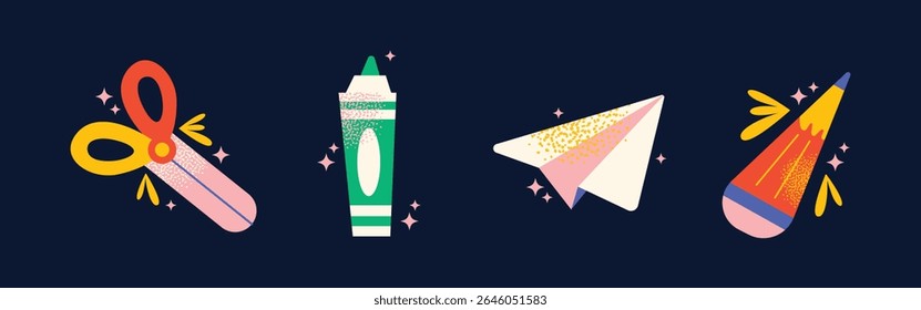 Set back to school supplies tools scissors, pencil, eraser, paper plane, magnifying glass, math notebook, basketball, apple. Flat vector illustration. Education and learning concept