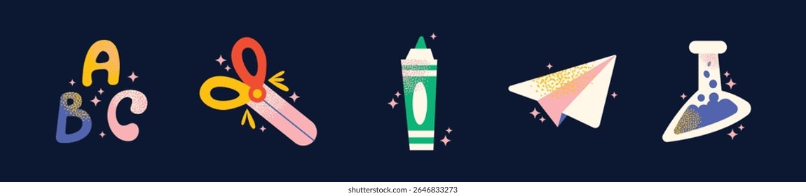 Set back to school supplies tools scissors, pencil, eraser, paper plane, magnifying glass, math notebook, basketball, apple. Flat vector illustration. Education and learning concept