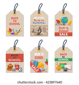 Set of Back to school tags on craft paper. Vector illustration. Arts and Science Education Flat icons. 