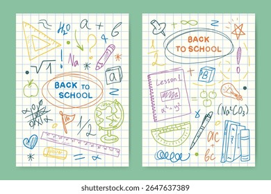 Ensemble de templates de rentrée avec des griffonnages dessinés à la main sur une page de carnet à carreaux. bannières d'Images vectorielles, cartes postales, publicités pour la rentrée et affiches scolaires avec création de texte