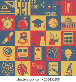 Set Back to school, vector, flat icons (Education symbols)