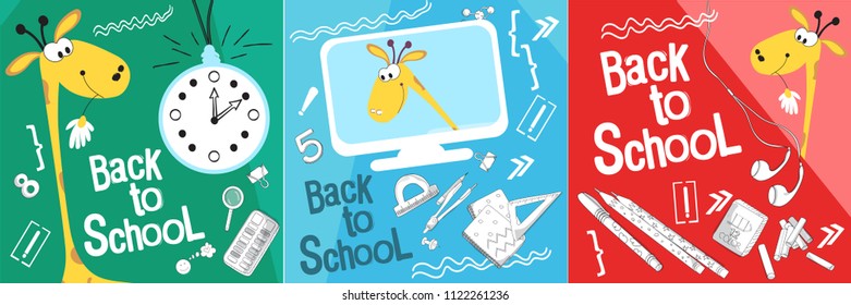 Set back to school vector illustration. Style comics cartoon about school. For the youngest children. The giraffe is getting ready for school and buying school supplies. For advertising, web banner 