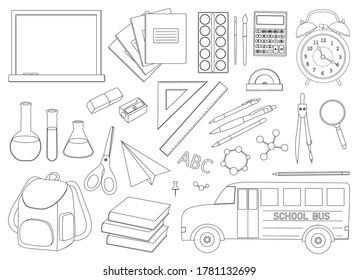 Set back to school vector illustration black and white coloring. Stationery items paint pencils notebooks paper plane scissors sharpened calculator books ruler