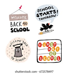Set of  "Back to school" vector illustrations with icons and handwritten words on white background
