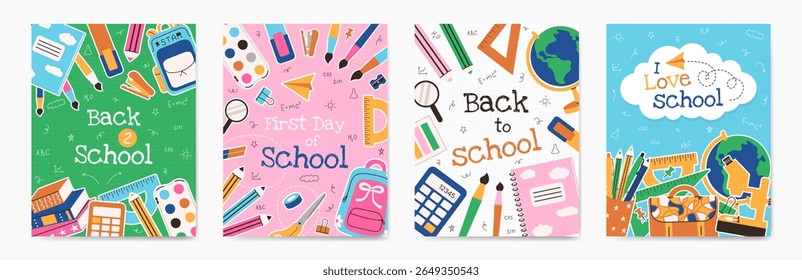 Set of Back to School vector poster template. Bright stationery, notebooks globe in flat style. Students Supplies frame. Education concept banner sale poster shopping greeting card. I love school text