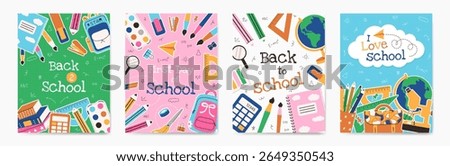 Set of Back to School vector poster template. Bright stationery, notebooks globe in flat style. Students Supplies frame. Education concept banner sale poster shopping greeting card. I love school text