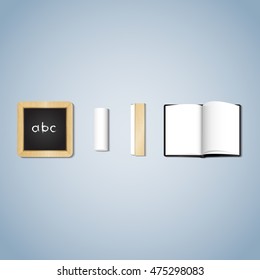 Set of back to school wooden chalkboard, chalk, sponge and notebook icons. Vector illustration.