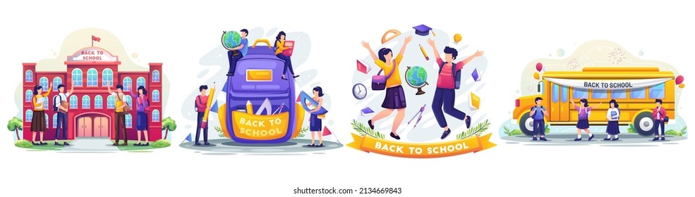 Volver a la escuela con los estudiantes jóvenes se alegran de ir a la escuela con material de mochila. Ilustración vectorial de estilo plano