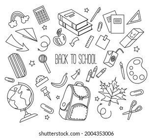 Set Back to Shcool. Hand drawn doodle vector of education elements. Backpack, books, notebooks, rulers, pencils, pen, globe, apple, juice, eraser, palette.