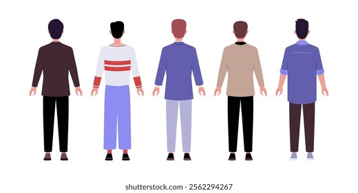 Set of back side characters. Men standing in a row in casual office attire. Flat style illustration