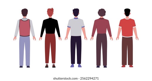 Set of back side characters. Men standing in a row in casual office attire. Flat style illustration