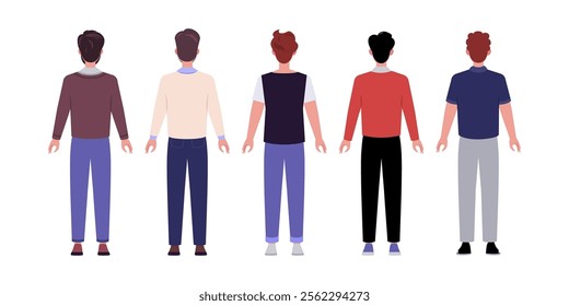 Set of back side characters. Men standing in a row in casual office attire. Flat style illustration