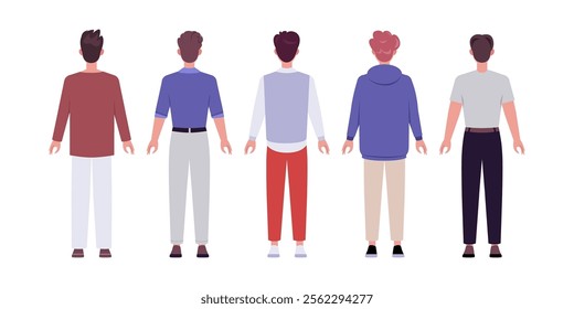 Set of back side characters. Men standing in a row in casual office attire. Flat style illustration