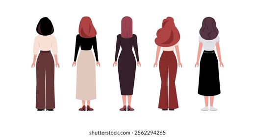 Set of back side characters. Women standing in a row in casual office attire. Flat style illustration