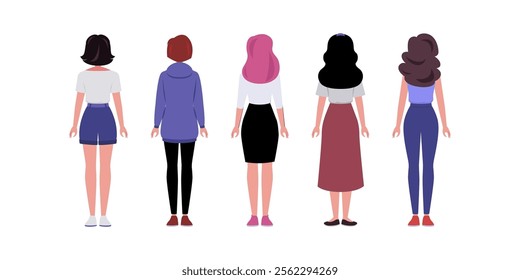 Set of back side characters. Women standing in a row in casual office attire. Flat style illustration