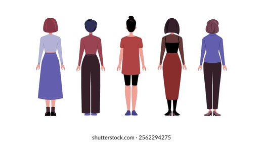 Set of back side characters. Women standing in a row in casual office attire. Flat style illustration