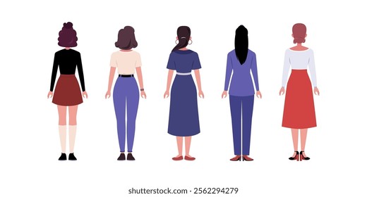 Set of back side characters. Women standing in a row in casual office attire. Flat style illustration