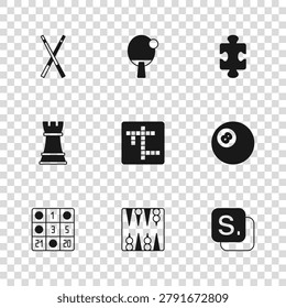 Set Backgammon board, Billiard pool snooker ball, Bingo, Crossword, Puzzle pieces toy, Crossed billiard cues, Racket and Chess icon. Vector