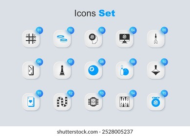 Set Backgammon board, Chess, Checker game chips, Playing cards, Game dice, Whirligig toy, Tic tac toe and Billiard pool snooker ball icon. Vector