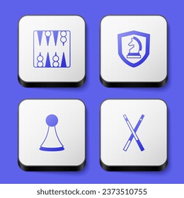 Set Backgammon board, Chess, Chip for game and Crossed billiard cues icon. White square button. Vector