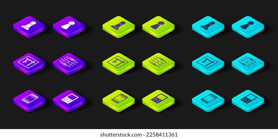 Set Backgammon board, Tetris, Bingo, Hockey table, Chip for game and Chess icon. Vector