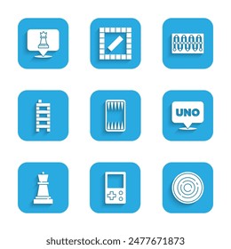 Set Backgammon board, Tetris, Checker game chips, Uno card, Chess, Mahjong pieces, Board and  icon. Vector