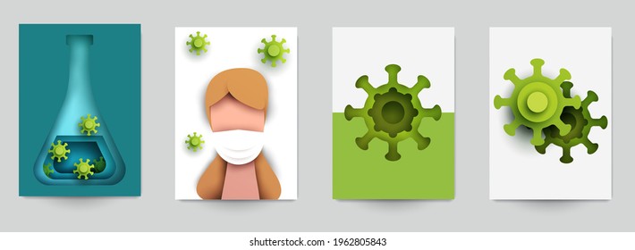 Legen Sie Hintergrundbanner, Karten oder Deckel mit Bakterien, Molekül oder Viren in modernem Papierschnitt-Stil. Design-Element des Kunsthandwerks Origami. Medizinisches minimalistisches bunter geometrisches Konzept. Vektorgrafik.