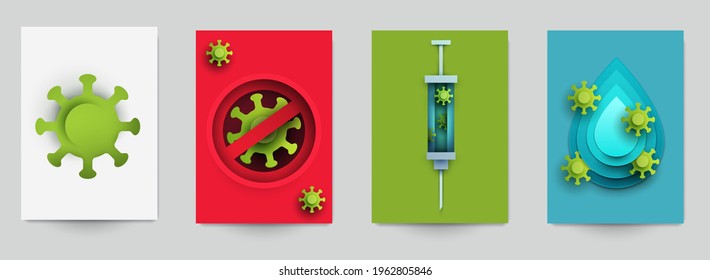 Set background banner, card or cover with bacteria, molecule or virus in modern paper cut style. Craft origami design element. Medical minimalistic colorful geometric concept. Vector illustration.