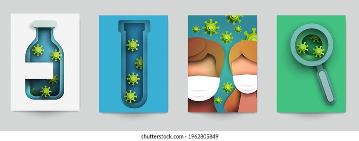 Set background banner, card or cover with bacteria, molecule or virus in modern paper cut style. Craft origami design element. Medical minimalistic colorful geometric concept. Vector illustration.