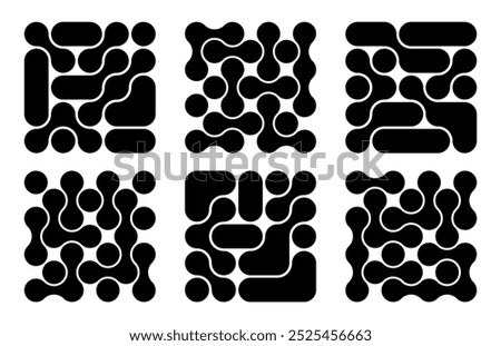 set of background with black liquid connected circle dots.metaballs pattern on white. abstarct geometric shapes collection Point movement flat icon	