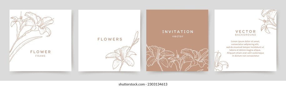 Set background in brown tones with lily flowers in line art style. Vector for wedding invitation, story and social media post, greeting card, packaging, corporate design