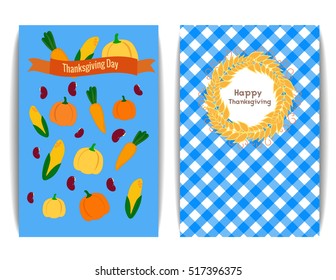 Set background cards Thanksgiving Day. Bright texture. Vegetables traditional cartoon. Blue tablecloth pattern. Vector illustration.