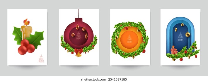 Set background for cover, invitation, poster, banner, flyer, placard. Minimal template design for branding, advertising with winter christmas composition in 3d realistic style. Vector illustration.
