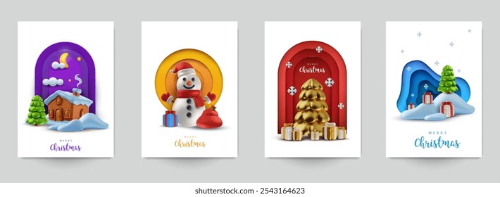 Set background for cover, invitation, poster, banner, flyer, placard. Minimal template design for branding, advertising with winter christmas composition in 3d realistic style. Vector illustration.