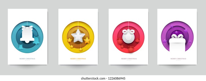 Set background for covers, invitations, posters, banners, flyers, placards. Minimal template design for branding, advertising with winter christmas composition in paper cut style. Vector illustration.