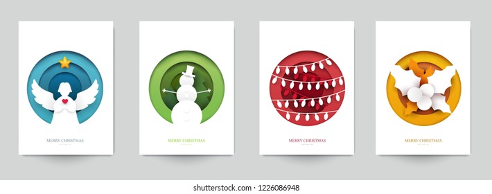 Set background for covers, invitations, posters, banners, flyers, placards. Minimal template design for branding, advertising with winter christmas composition in paper cut style. Vector illustration.