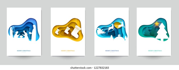 Set background for covers, invitations, posters, banners, flyers, placards. Minimal template design for branding, advertising with winter christmas composition in paper cut style. Vector illustration.