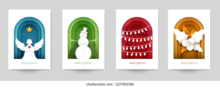 Set background for covers, invitations, posters, banners, flyers, placards. Minimal template design for branding, advertising with winter christmas composition in paper cut style. Vector illustration.