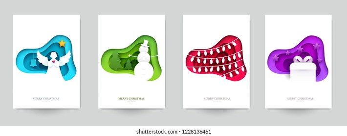 Set background for covers, invitations, posters, banners, flyers, placards. Minimal template design for branding, advertising with winter christmas composition in paper cut style. Vector illustration.